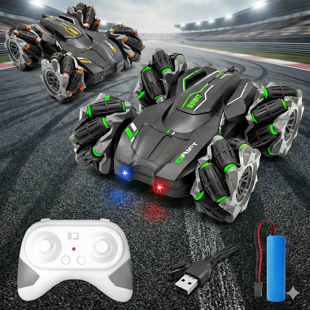 SJ ToyMart 2.4GHz 4WD Remote Control Drift Stunt Car Toy for Kids with Lights and Music - Double Sided 360° Rotating Dancing and Crawling RC Car with Rechargeable Battery