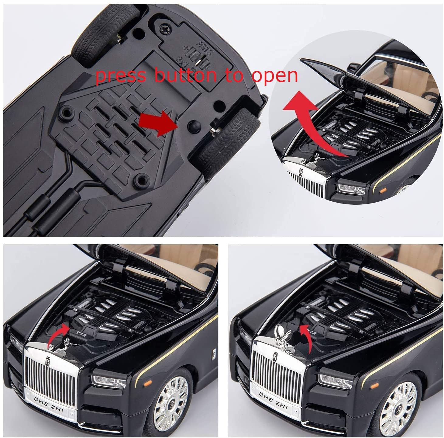SJ ToyMart 1:32 Rolls Royce Phantom Toy Car Metal Pull Back Diecast Car with Openable Door and Sound Light, Gifts Toys for Kids