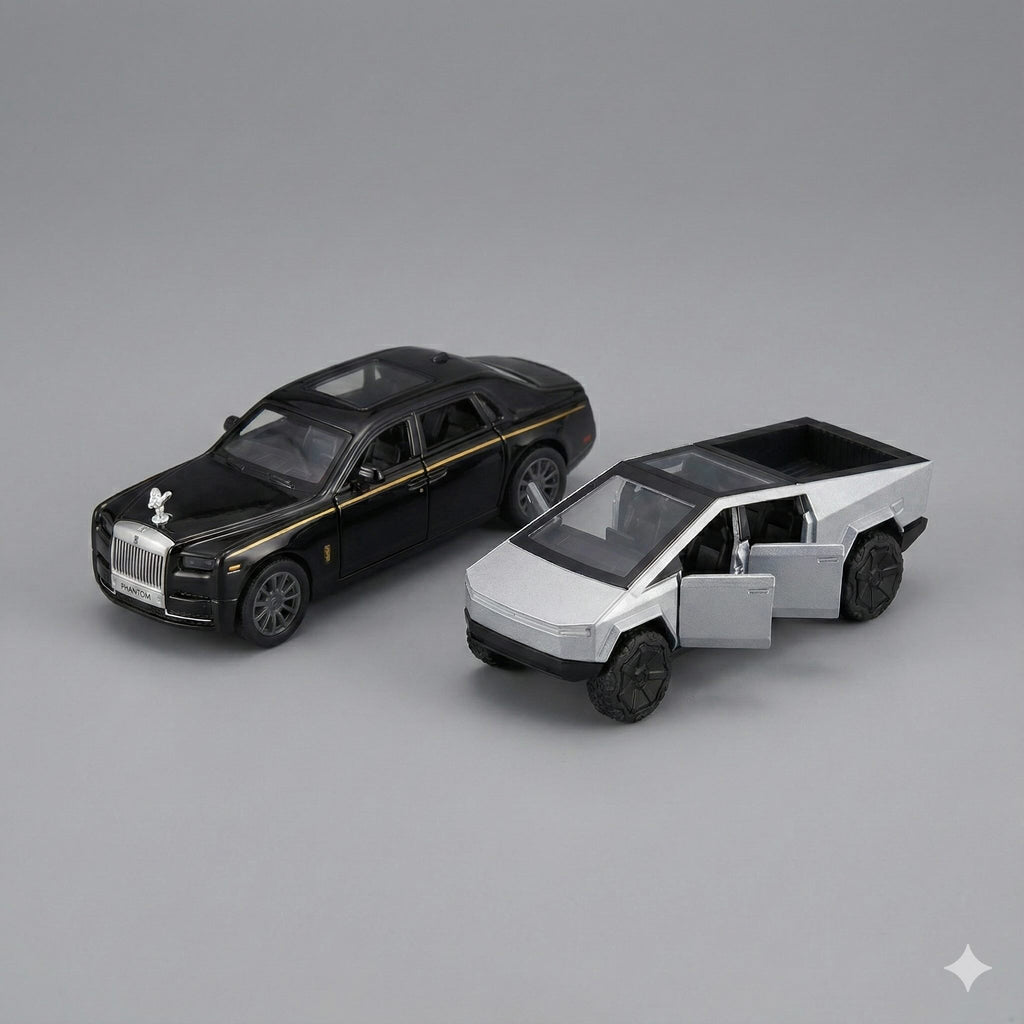 SJ ToyMart Luxury Duo Bundle – Rolls Royce Phantom & Tesla Cybertruck Die-Cast Toy Cars