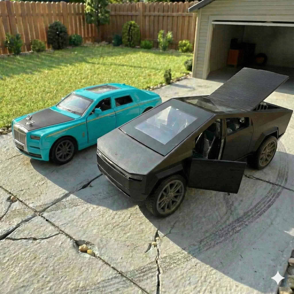 SJ ToyMart Luxury Duo Bundle – Rolls Royce Phantom & Tesla Cybertruck Die-Cast Toy Cars