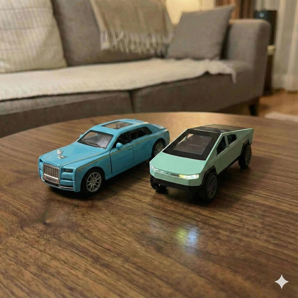 SJ ToyMart Luxury Duo Bundle – Rolls Royce Phantom & Tesla Cybertruck Die-Cast Toy Cars