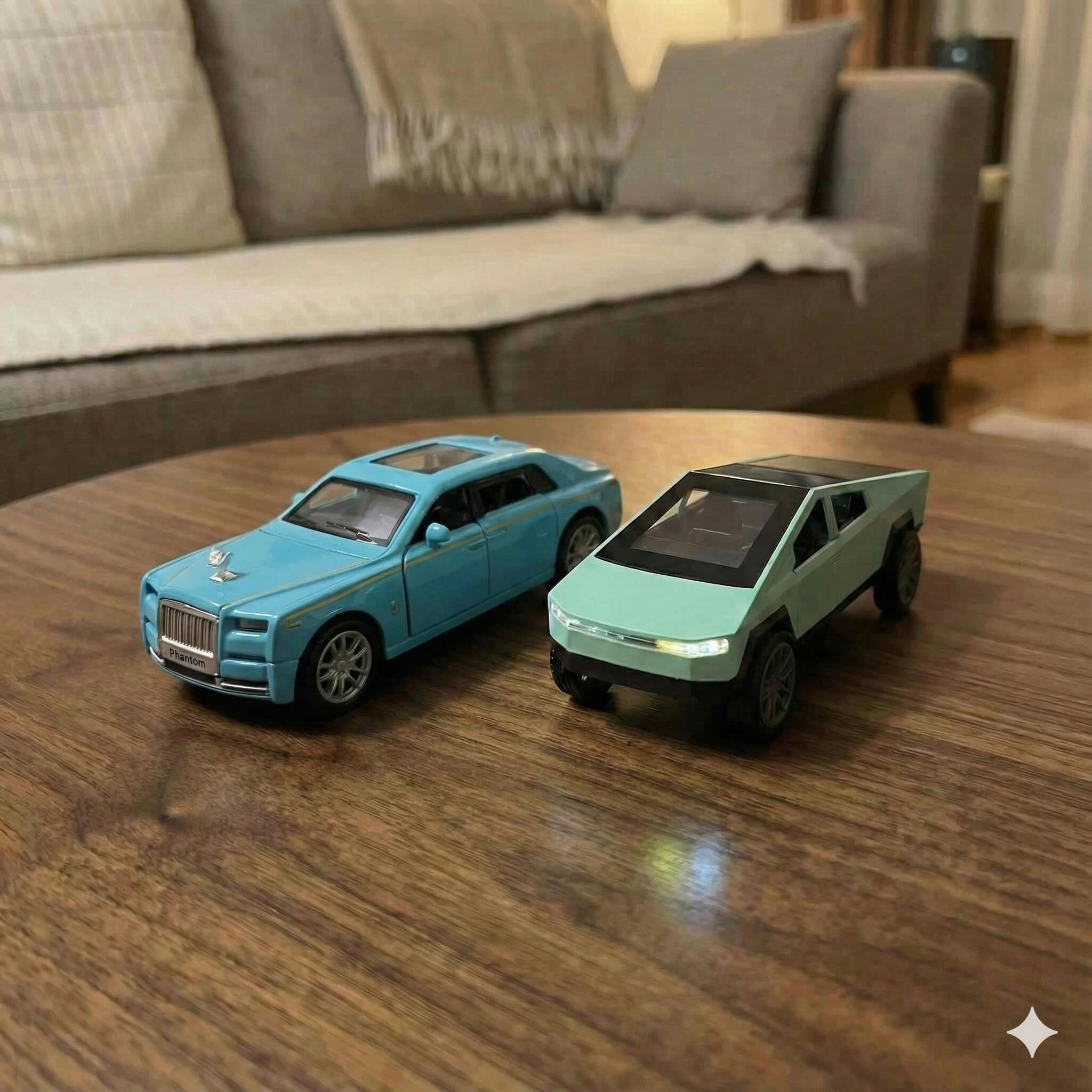 SJ ToyMart Luxury Duo Bundle – Rolls Royce Phantom & Tesla Cybertruck Die-Cast Toy Cars