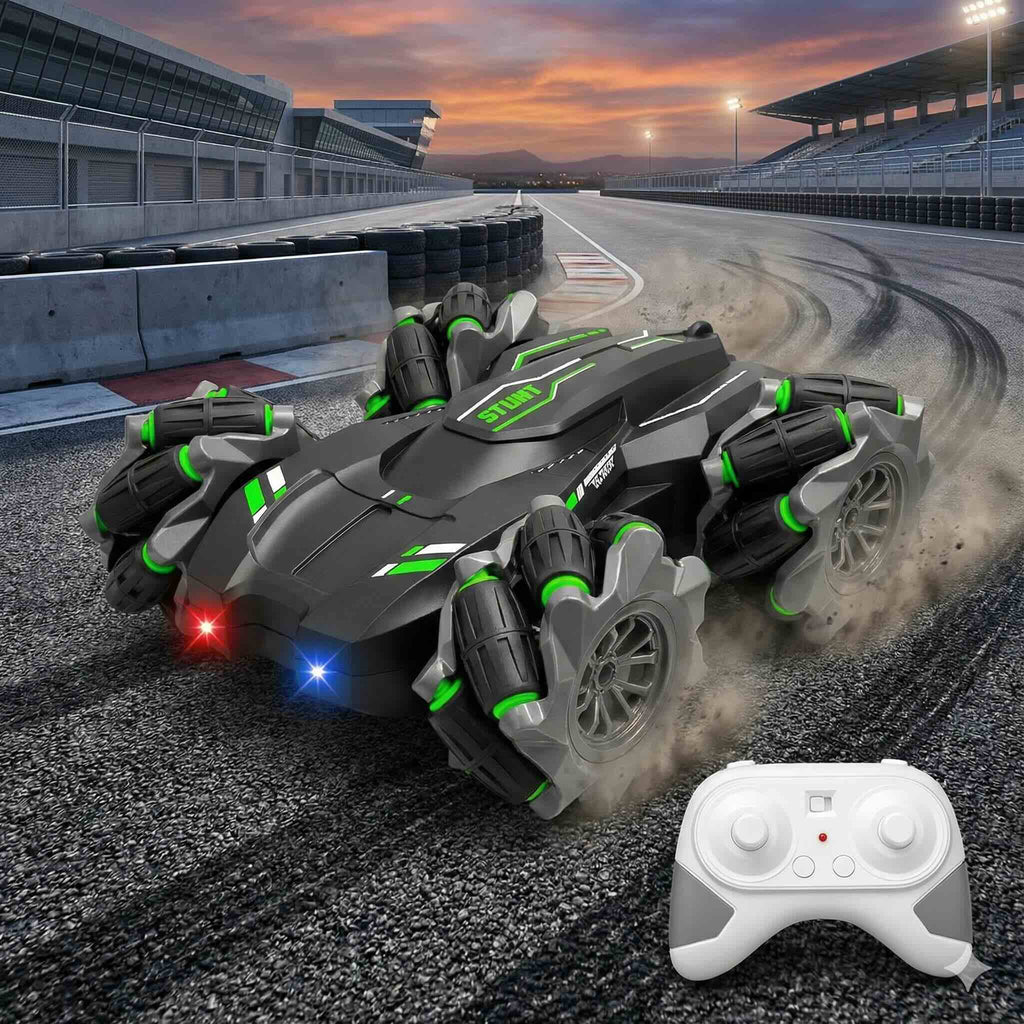 SJ ToyMart 2.4GHz 4WD Remote Control Drift Stunt Car Toy for Kids with Lights and Music - Double Sided 360° Rotating Dancing and Crawling RC Car with Rechargeable Battery