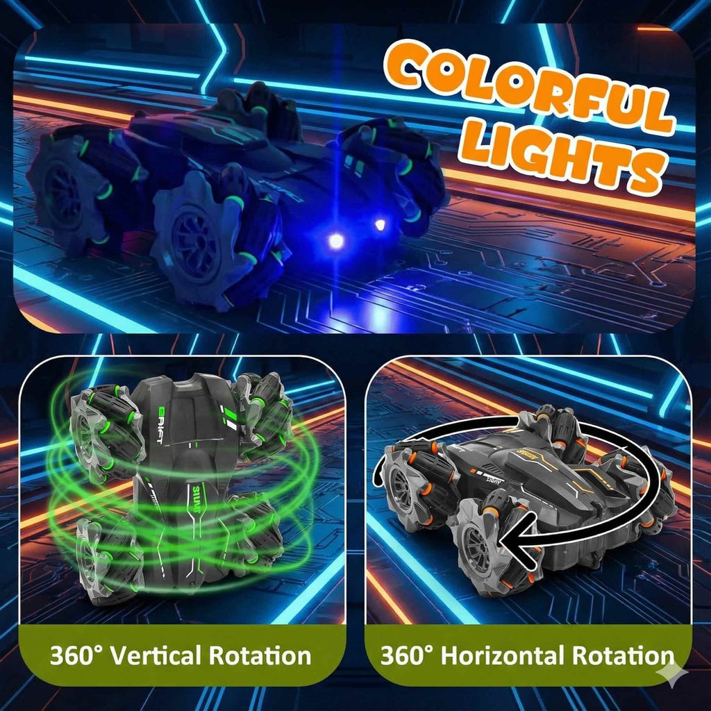 SJ ToyMart 2.4GHz 4WD Remote Control Drift Stunt Car Toy for Kids with Lights and Music - Double Sided 360° Rotating Dancing and Crawling RC Car with Rechargeable Battery