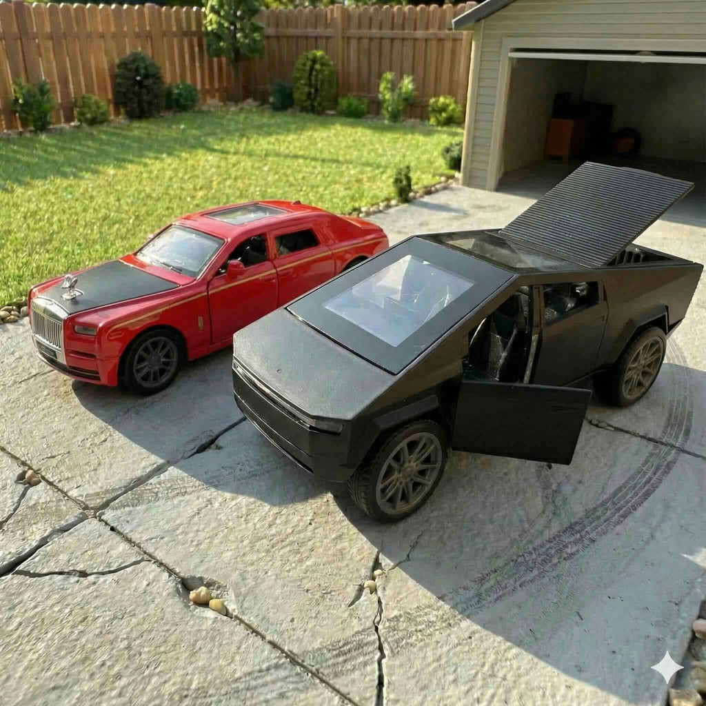 SJ ToyMart Luxury Duo Bundle – Rolls Royce Phantom & Tesla Cybertruck Die-Cast Toy Cars