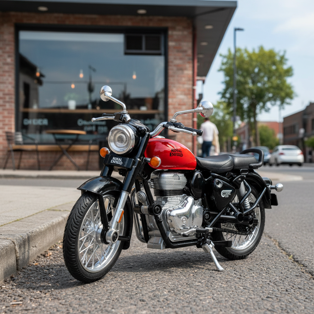 Red and black motorcycle parked on a street with a building in the background