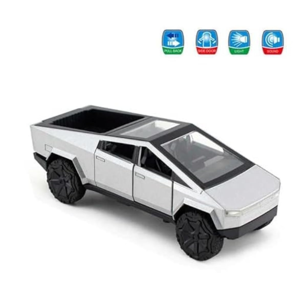 Tesla Cybertruck 1:36 Scale Model | Alloy Die-Cast Pull-Back Toy Car with Lights, Music & Openable Doors