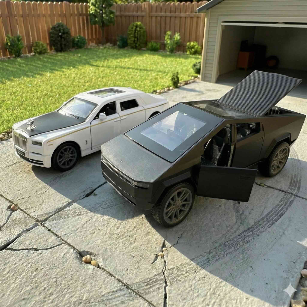 SJ ToyMart Luxury Duo Bundle – Rolls Royce Phantom & Tesla Cybertruck Die-Cast Toy Cars
