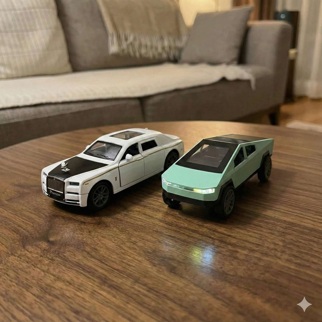 SJ ToyMart Luxury Duo Bundle – Rolls Royce Phantom & Tesla Cybertruck Die-Cast Toy Cars