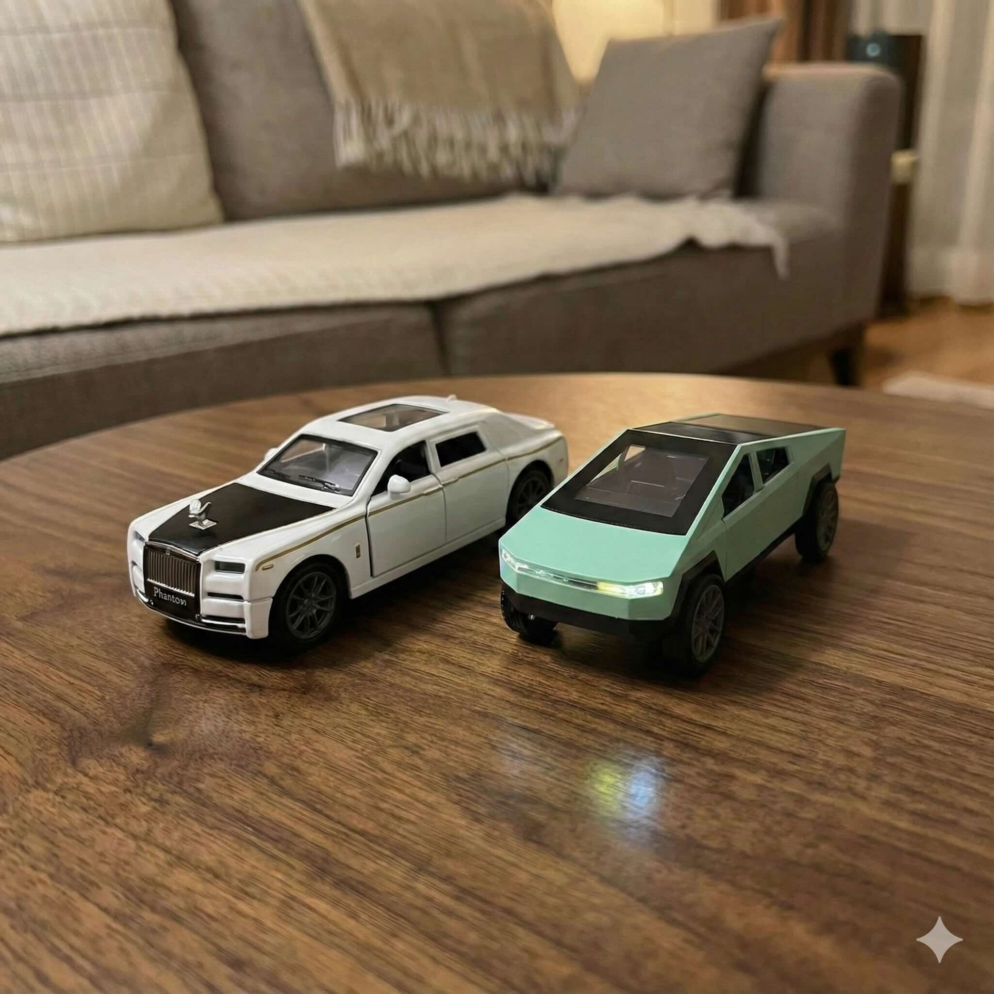 SJ ToyMart Luxury Duo Bundle – Rolls Royce Phantom & Tesla Cybertruck Die-Cast Toy Cars