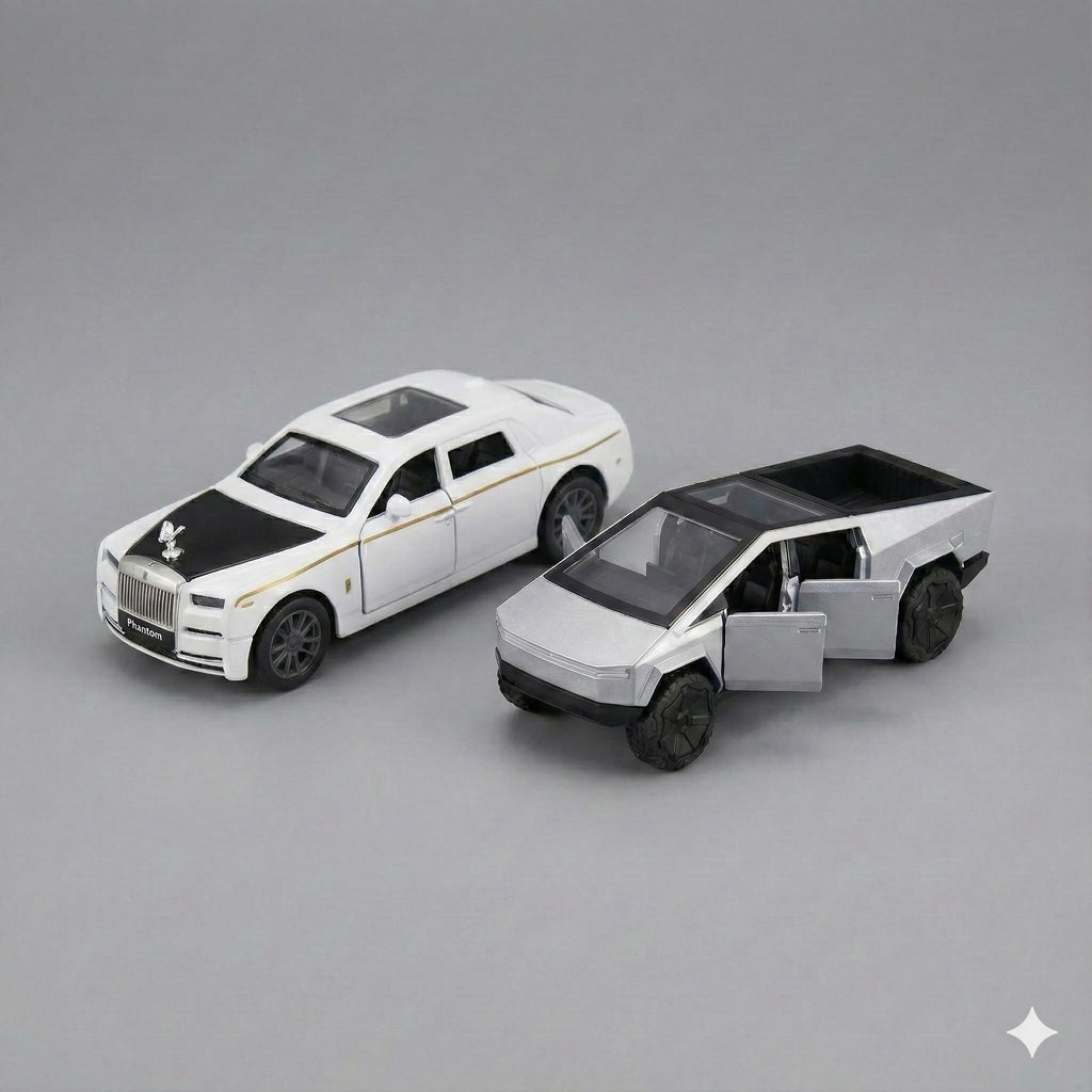 SJ ToyMart Luxury Duo Bundle – Rolls Royce Phantom & Tesla Cybertruck Die-Cast Toy Cars