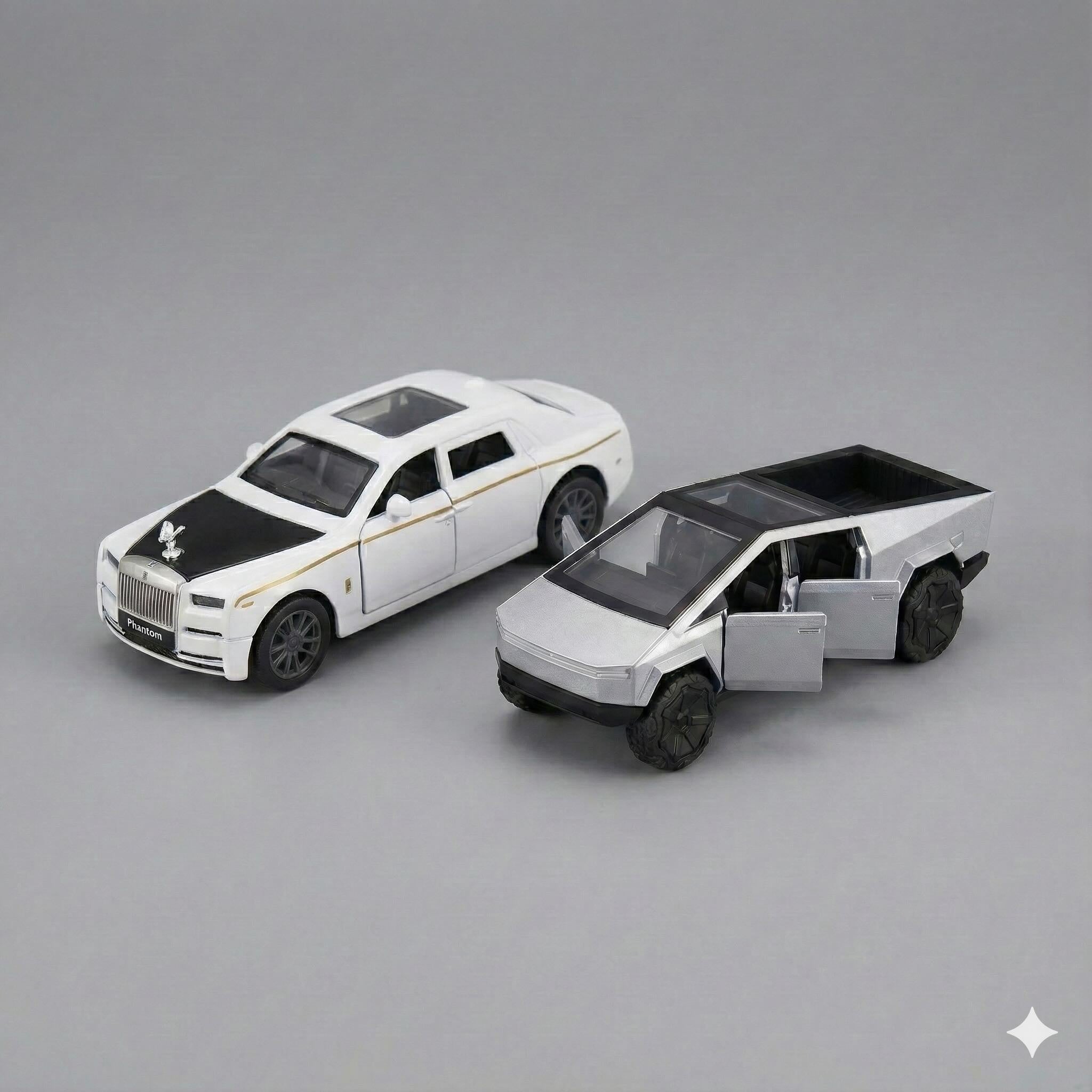 SJ ToyMart Luxury Duo Bundle – Rolls Royce Phantom & Tesla Cybertruck Die-Cast Toy Cars